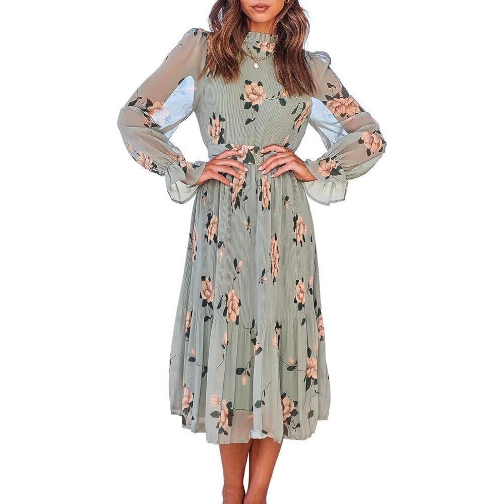 Women's Floral Chiffon Midi Dress Puff Long Sleeve Mock Neck for Party Summer